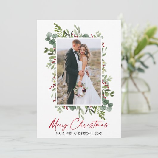 Waterverf Greenery Berries Calligrafie Red Ink Feestdagenkaart (Staand voorkant)