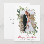 Waterverf Greenery Berries Calligrafie Red Ink Feestdagenkaart (Voorkant / Achterkant)