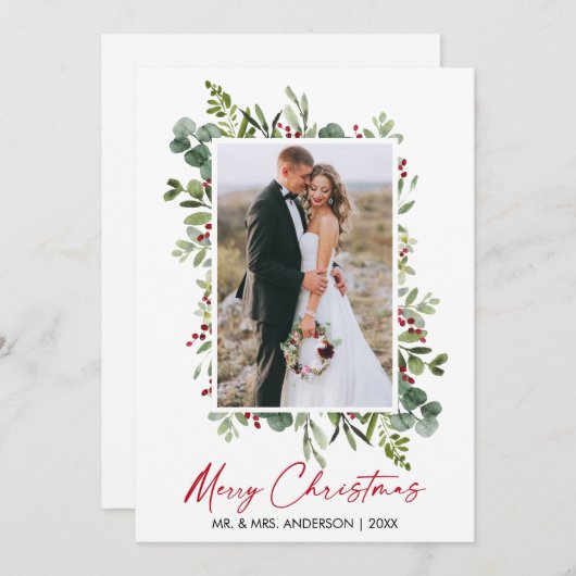 Waterverf Greenery Berries Calligrafie Red Ink Feestdagenkaart (Voorkant / Achterkant)