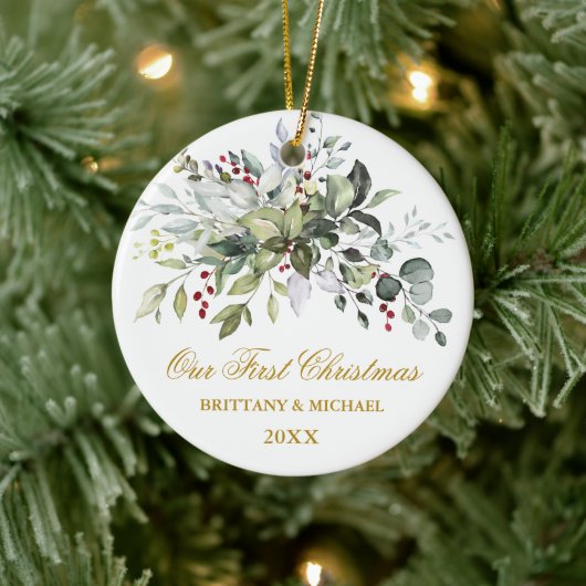 Waterverf Greenery Berries Eerste Kerstmis Goud Keramisch Ornament (Boom)