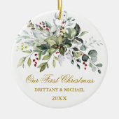 Waterverf Greenery Berries Eerste Kerstmis Goud Keramisch Ornament (Voorkant)