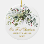 Waterverf Greenery Berries Eerste Kerstmis Goud Keramisch Ornament (Achterkant)