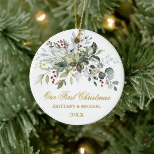 Waterverf Greenery Berries Eerste Kerstmis Keramisch Ornament