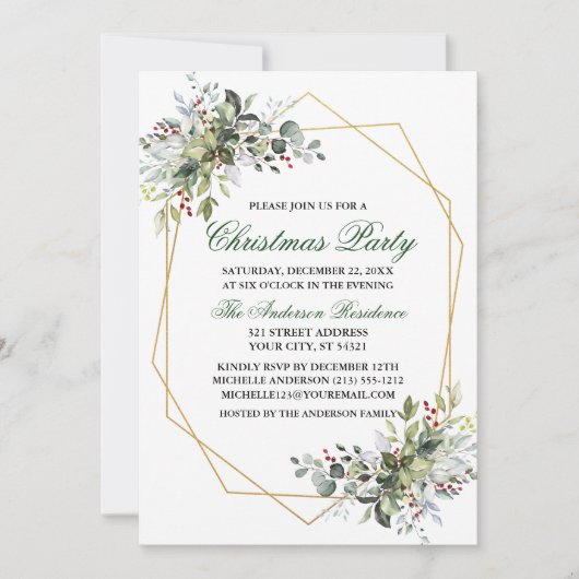 Waterverf Greenery Berries Gold kerstfeest Kaart (Voorkant)