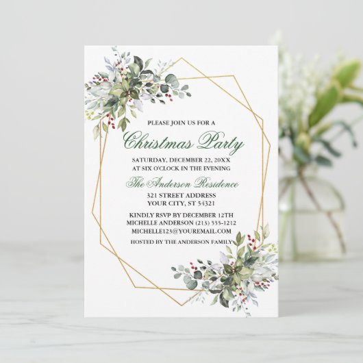 Waterverf Greenery Berries Gold kerstfeest Kaart (Staand voorkant)