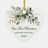 Waterverf Greenery Berries Heart Couple Keramisch Ornament (Voorkant)