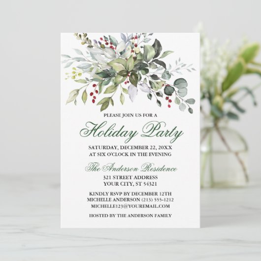 Waterverf Greenery Berries Holiday Kaart (Staand voorkant)