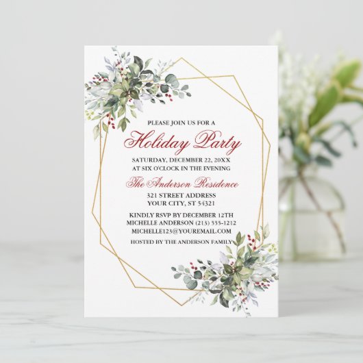 Waterverf Greenery Berries Holiday Party Red Kaart (Staand voorkant)