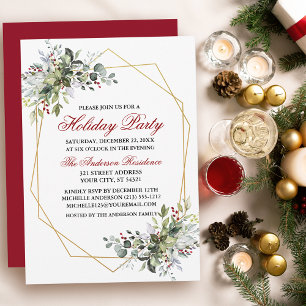 Waterverf Greenery Berries Holiday Party Red Kaart