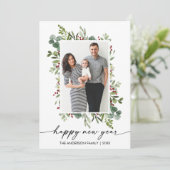 Waterverf Greenery Berries Ink Script Nieuwjaar Feestdagenkaart (Staand voorkant)