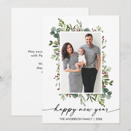 Waterverf Greenery Berries Ink Script Nieuwjaar Feestdagenkaart (Voorkant / Achterkant)
