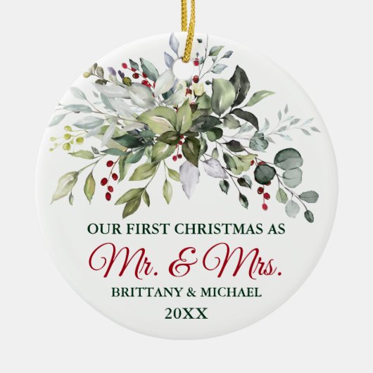 Waterverf Greenery Berries kerstfeest PHOTO BACK Keramisch Ornament (Voorkant)