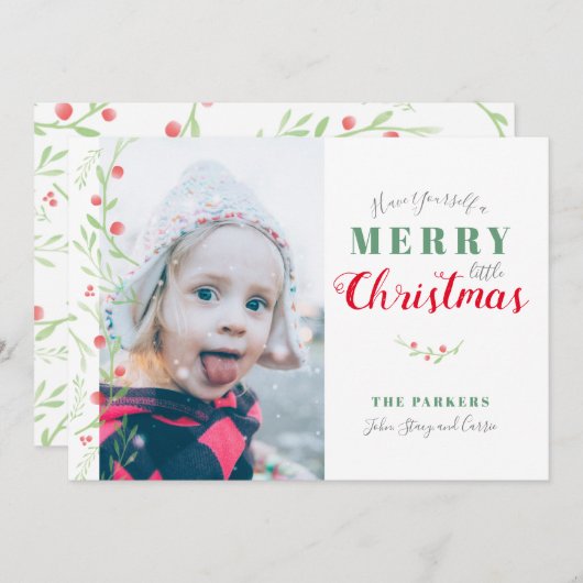 Waterverf Greenery Berries Merry Little Kerstmis Feestdagenkaart (Voorkant / Achterkant)