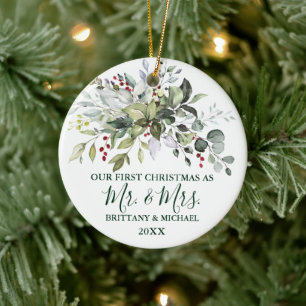 Waterverf Greenery Berries ons eerste kerstfeest Keramisch Ornament