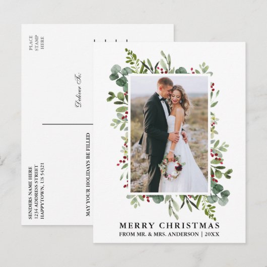 Waterverf Greenery Berries Pas getrouwd Kerstmis Briefkaart (Voorkant / Achterkant)