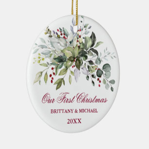 Waterverf Greenery Berries PHOTO BACK Red Keramisch Ornament