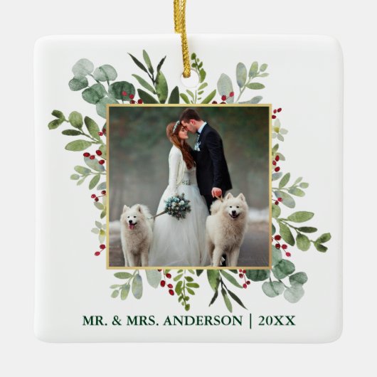 Waterverf Greenery Berries Wedding Foto Green Keramisch Ornament (Voorkant)