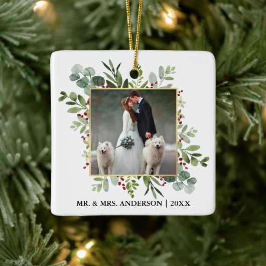 Waterverf Greenery Berries Wedding Foto Keramisch Ornament (Boom)
