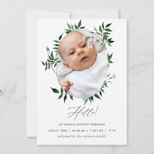 Waterverf Greenery Birth Announding Foto Card Aankondiging (Voorkant)