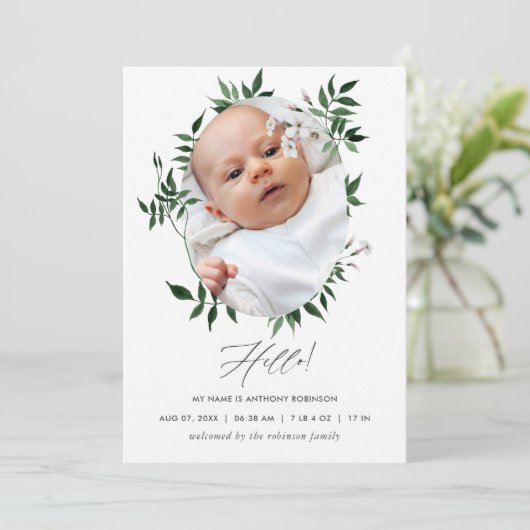 Waterverf Greenery Birth Announding Foto Card Aankondiging (Staand voorkant)