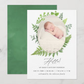Waterverf Greenery Birth Announding Foto Card Aankondiging (Voorkant / Achterkant)
