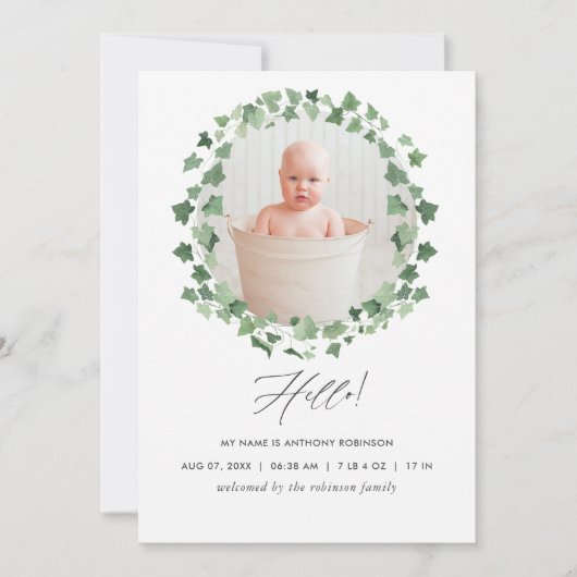 Waterverf Greenery Birth Announding Foto Card Aankondiging (Voorkant)