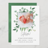 Waterverf Greenery Birth Announding Foto Card Aankondiging (Voorkant / Achterkant)