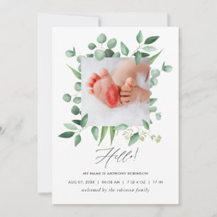 Waterverf Greenery Birth Announding Foto Card Aankondiging