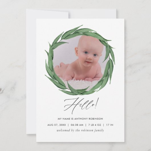 Waterverf Greenery Birth Announding Foto Card Aankondiging (Voorkant)
