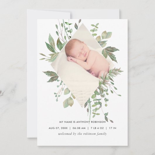 Waterverf Greenery Birth Announding Foto Card Aankondiging (Voorkant)