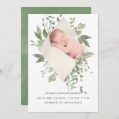 Waterverf Greenery Birth Announding Foto Card Aankondiging (Voorkant / Achterkant)