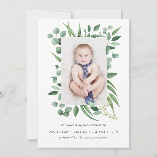 Waterverf Greenery Birth Announding Foto Card Aankondiging (Voorkant)