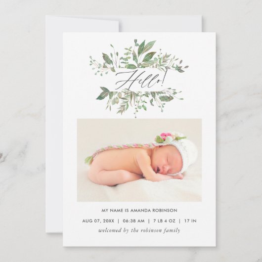 Waterverf Greenery Birth Announding Foto Card Aankondiging (Voorkant)