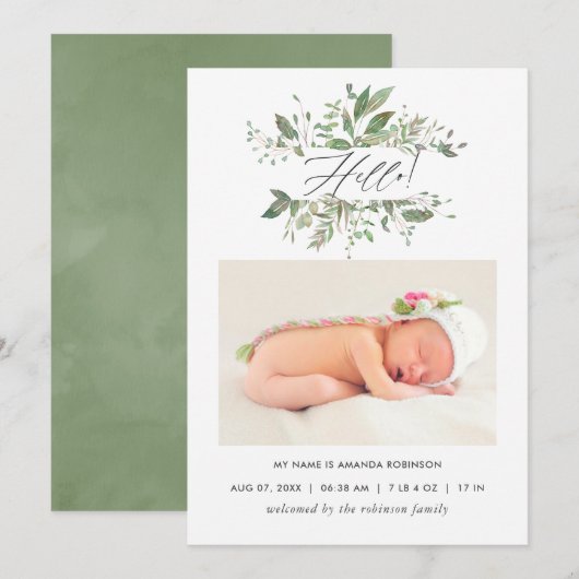 Waterverf Greenery Birth Announding Foto Card Aankondiging (Voorkant / Achterkant)