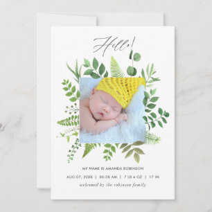 Waterverf Greenery Birth Announding Foto Card Aankondiging