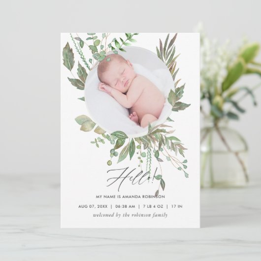 Waterverf Greenery Birth Announding Foto Card Aankondiging (Staand voorkant)