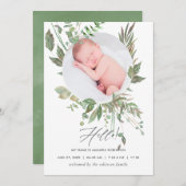 Waterverf Greenery Birth Announding Foto Card Aankondiging (Voorkant / Achterkant)