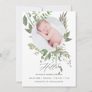Waterverf Greenery Birth Announding Foto Card Aankondiging