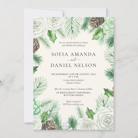 Waterverf Greenery Bloemen Winterbruiloft Kaart (Voorkant)