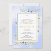 Waterverf Greenery Blue First Heilige Communie Kaart (Voorkant)