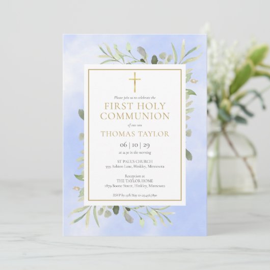 Waterverf Greenery Blue First Heilige Communie Kaart (Staand voorkant)
