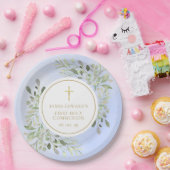 Waterverf Greenery Blue First Heilige Communie Papieren Bordje (Feest)