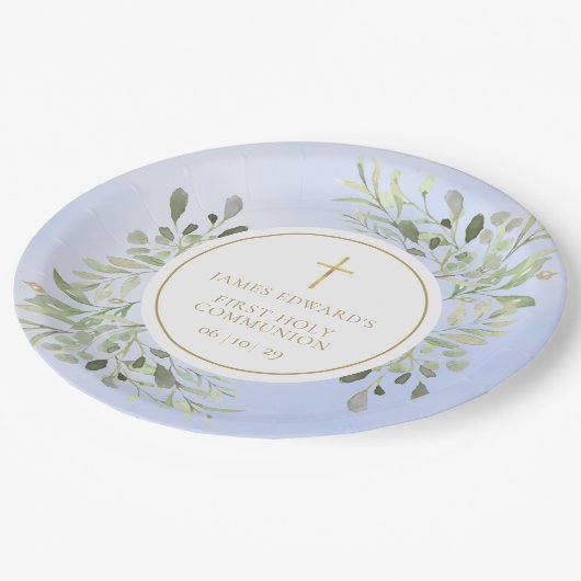 Waterverf Greenery Blue First Heilige Communie Papieren Bordje (Gekanteld)