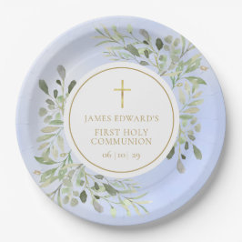 Waterverf Greenery Blue First Heilige Communie Papieren Bordje