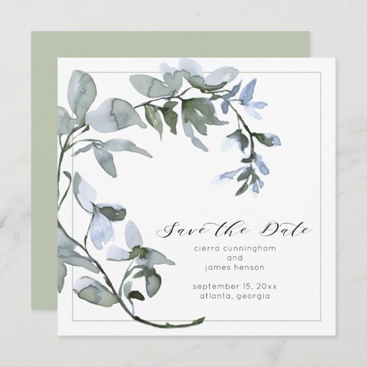 Waterverf Greenery Blue Floral Script Save The Date (Voorkant / Achterkant)