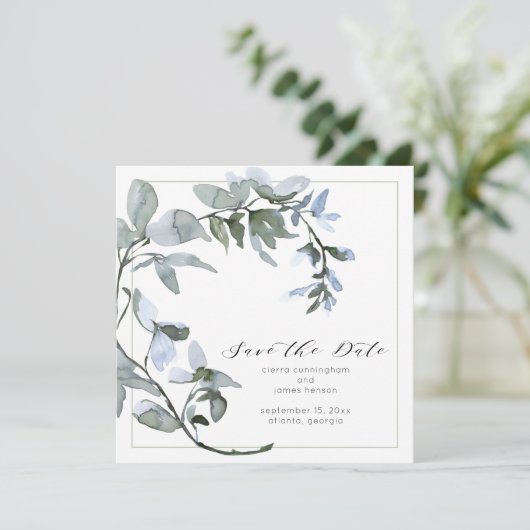 Waterverf Greenery Blue Floral Script Save The Date (Staand voorkant)