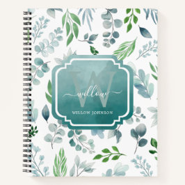 Waterverf Greenery Blue Green Foliage Monogram Notitieboek