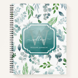 Waterverf Greenery Blue Green Foliage Monogram Notitieboek