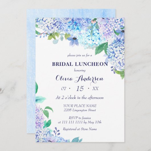 Waterverf Greenery Blue Hydrangea Bridal Luncheon Kaart (Voorkant / Achterkant)