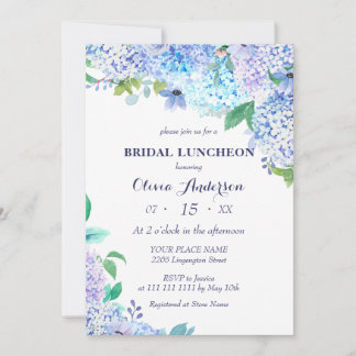Waterverf Greenery Blue Hydrangea Bridal Luncheon Kaart
